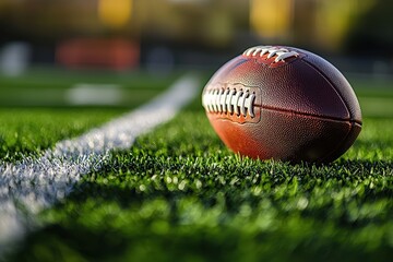 Close-up of an American football lying on a green field during practice