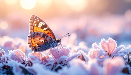 Obraz premium Butterfly on Frosted Pink Flower in Warm Morning Light
