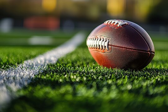 Close-up of an American football lying on a green field during practice