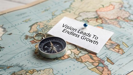 Vision Inspired Growth Compass on World Map for Adventure Planning