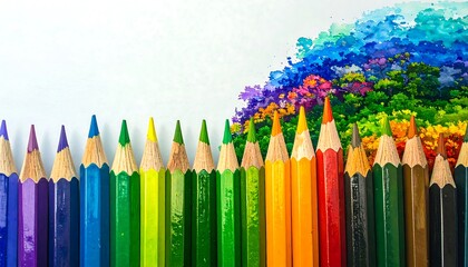 A vibrant array of colored pencils arranged in a horizontal line, their sharpened ends pointing towards a background of colorful, abstract painted trees.