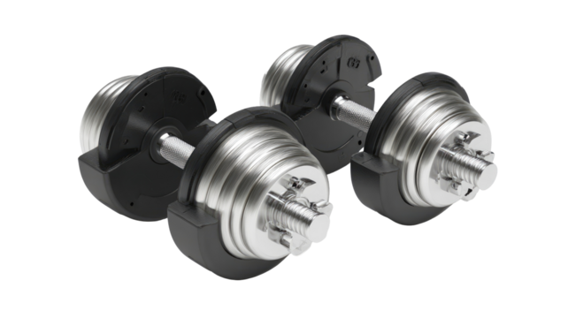 Close-up of two adjustable dumbbells, featuring a black shaft and silver-toned weight plates.  The weights are positioned at an angle, showcasing the mechanism for adjusting the weight
