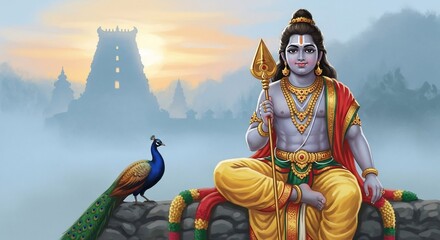 Lord Murugan Seated with Peacock and Temple Background.