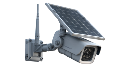 Wireless outdoor security camera with solar panel.  Mounted on a light gray bracket, a security camera features a solar panel on top.  A small antenna is also visible