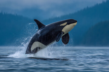 Fototapeta premium Majestic Orca Whale Breaches in a Spectacular Leap Against a Misty Blue Fjord.