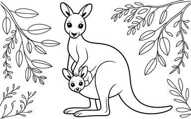 Kangaroo mother with baby joey in pouch coloring page illustration