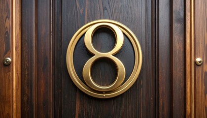 Fototapeta premium Golden number 8 on dark wooden door with entrance, and closeup.