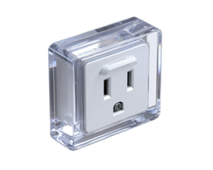 Transparent acrylic cover encloses a white electrical outlet