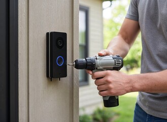 Installing a Video Doorbell with Drill, Residential Setting, Instructional Content, Close-Up View, DIY Concept