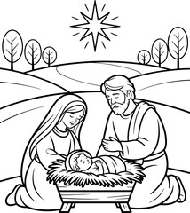 Nativity scene with Mary Joseph and baby Jesus Christ illustration