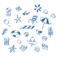 Hand drawn beach vacation elements vector illustration set