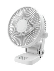 Compact white fan with adjustable clamp