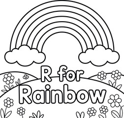 R for Rainbow Coloring Page with Clouds and Flowers Outline Art