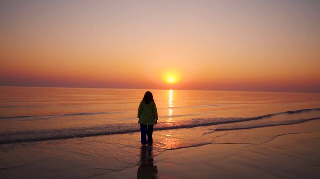 Slow motion shot of young woman walk on beach during sunset at Mandvi, Gujarat, India. Summer holidays at tropical island. Small waves crashing on shore and sun setting on horizon. Relaxation concept 