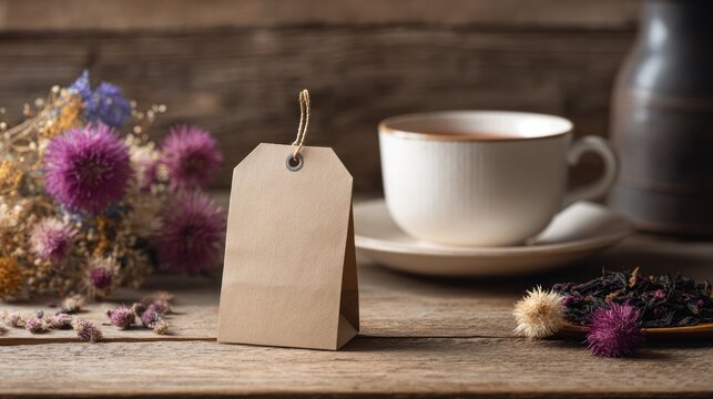 Floral tea still life with tag white cup, dried flower bouquet on wooden surface