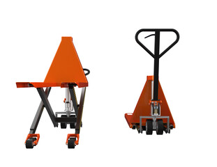 Two essential warehouse tools: an orange hand pallet truck and a scissor lift pallet jack, rendered in stunning high definition on a PNG Transparent HD Background. Isolated high-resolution industrial © SURF3D
