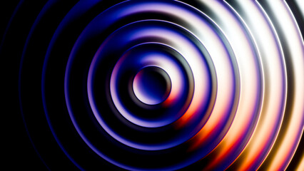 Abstract design featuring circular glass shapes with blue, purple and red lights creating gradient lines on a black background. Modern digital design asset