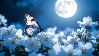 Butterfly on White Daisy Under Twin Moons in Mystical Night Scene