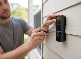 Home Improvement, Smart Doorbell Installation, Residential Area, Photo, Outdoor, Close-Up, Technology and DIY Concepts