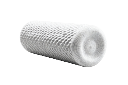 White cylindrical foam roller, textured with dimpled surface, lying horizontally