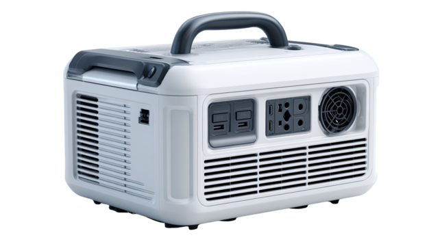 Portable, white power station with dark gray accents.  Compact, box-shaped device with ventilation grilles and various ports.  Features a handle for easy transport