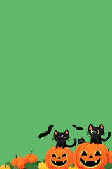 Fototapeta premium Two playful black cats sitting atop carved pumpkins with a green background, Halloween theme