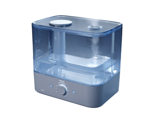 A modern, gray and clear humidifier.  It's rectangular, with a clear top section for mist visibility. A control panel with dial is on the base