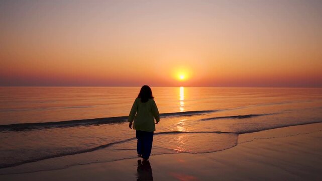 Silhouette of teenager girl walk on beach during sunset at Mandvi, Gujarat, India. Summer holidays at tropical island. Small waves crashing on shore and sun setting on horizon. Relaxation concept 