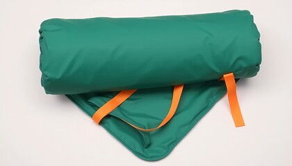 Green camping blanket roll with orange straps for outdoor activities and travel
