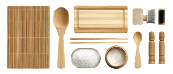 Assorted wooden kitchenware, top-down view