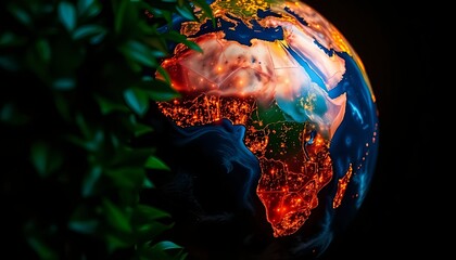 Global earth africa map with city lights and green leaves stock photo image
