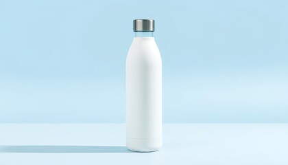 White reusable water bottle stainless steel metal cap on light blue background