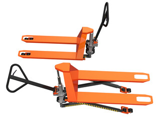 Logistics Essentials: Bright Orange Scissor Lift and Standard Pallet Jacks for Modern Warehouse Material Handling, Freight Transport, and Efficient Supply Chain Operations. Isolated 3D Render.