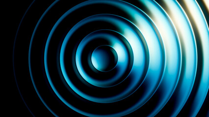 Abstract design featuring circular glass shapes with teal blue lights creating gradient lines on a black background. Modern digital design asset