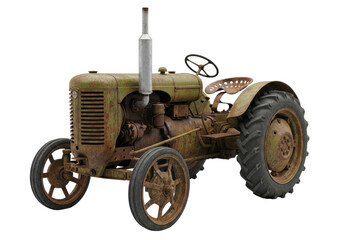 Obraz premium A rugged, heavily weathered vintage utility tractor with faded olive green paint and deep rust, on a pristine transparent studio background with copy space. Concept of enduring legacy
