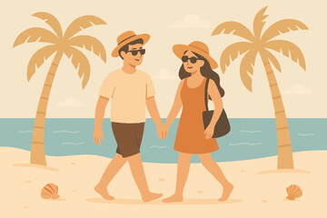 man and woman  walking together on a tropical island with coconut trees, clear sea, and seashells