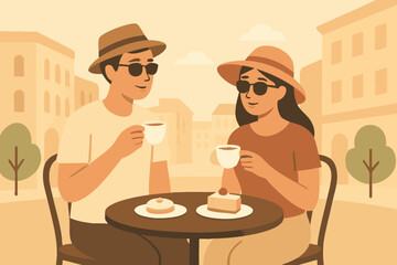 man and woman character sitting at an outdoor café table, drinking coffee and enjoying