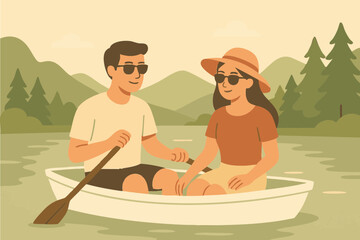 man and woman character enjoying a boat ride on a calm lake or river