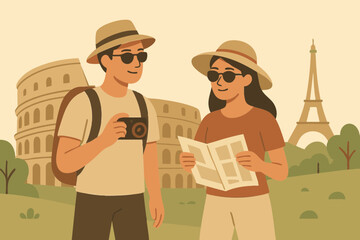 man and woman character sightseeing in a European city, standing near a famous landmark