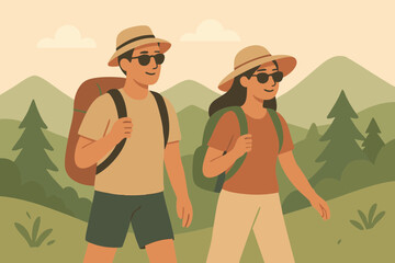 man and woman hiking in green mountains, wearing backpacks and casual outdoor clothes,