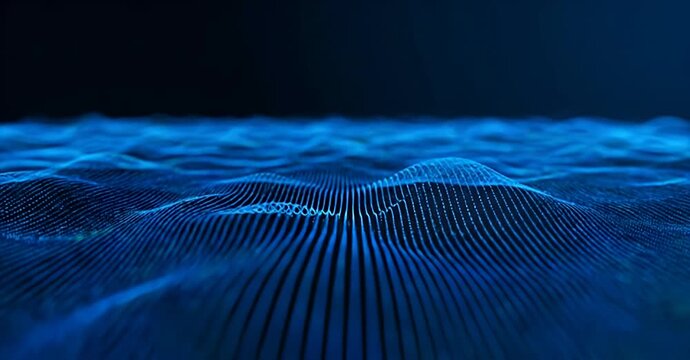 Abstract futuristic concept of a digital wave landscape with glowing blue particles, representing data visualization and network technology