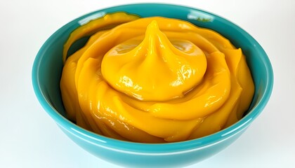 Delicious mango puree in blue bowl, healthy fruit dessert, vegan food, tropical treat