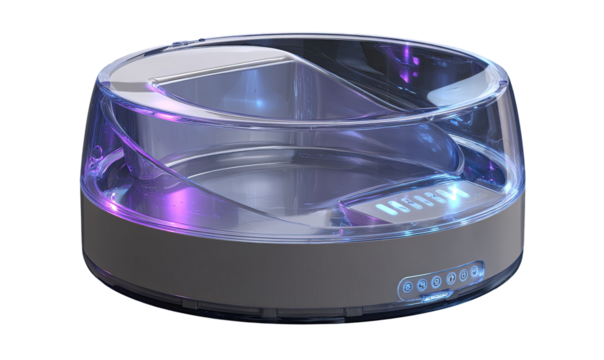Circular, translucent pet feeder with glowing accents
