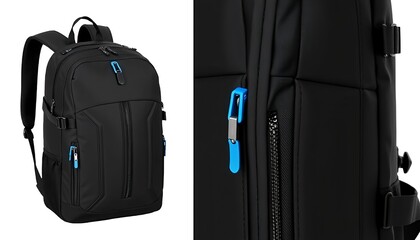 Black travel backpack for men and women with blue zipper pulls and padded straps