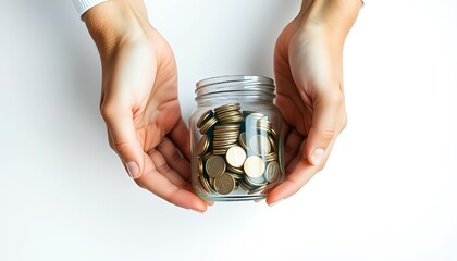 Hands holding jar full of coins concept for savings investment and financial growth