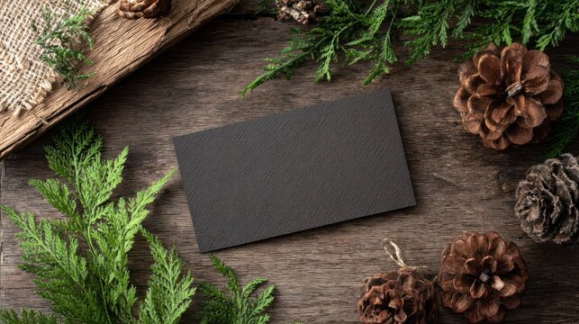 Moody, rustic flat lay with dark card, pinecones, wood, and greenery arranged scenically