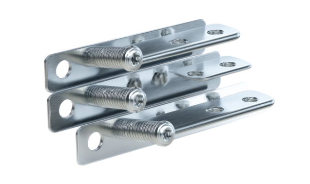 Three stacked metal brackets,  showing screws and mounting holes