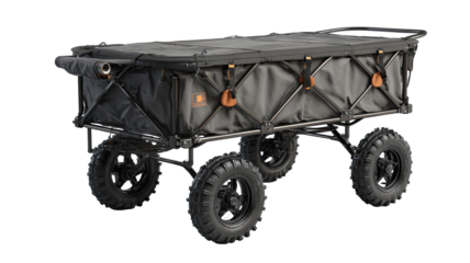 Dark gray, four-wheeled utility cart with canvas top