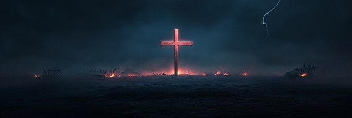 Dramatic cross with lightning in mysterious night setting