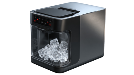 Modern, gray countertop ice maker with a clear compartment filled with ice cubes.  Control panel with red accents